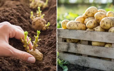 Sadzenie kiełkujących ziemniaków lord. Obok skrzynia pełna świeżo zebranych ziemniaków.