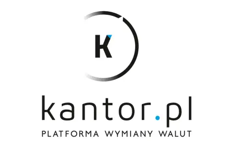 Logo kantor.pl, platformy wymiany walut. Litera K w okręgu, poniżej nazwa strony i hasło.