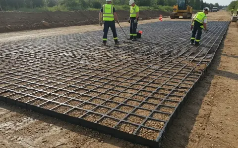 Trabajadores instalan una geomalla de refuerzo sobre grava para estabilizar el terreno en una obra.