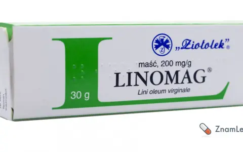 Opakowanie maści Linomag z zielonym elementem graficznym.