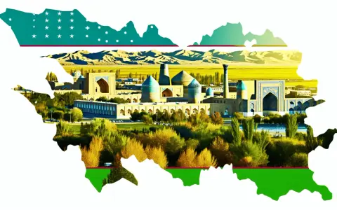 Mapa Uzbekistanu z widokiem na zabytkowe budowle i krajobraz.