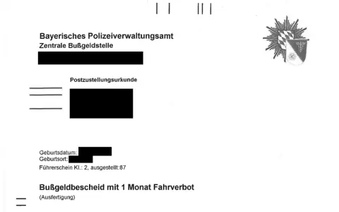 Bußgeldbescheid mit 1 Monat Fahrverbot, der versucht, das Fahrverbot umzuwandeln.
