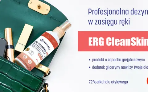 Butelka płynu do dezynfekcji rąk ERG CleanSkin PRO w zielonej torebce z telefonem i szminką.