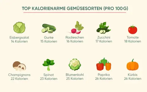 Gemüse-Tabelle: Eisbergsalat, Gurke, Radieschen, Zucchini, Tomate, Champignons, Spinat, Blumenkohl, Paprika, Kürbis. Ideal, um Kalorien zu sparen!