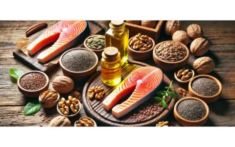 Salmone, noci, semi di lino e olio dorato, ricchi di omega 6, su un tavolo di legno rustico.