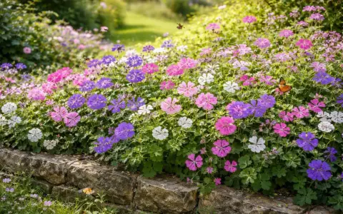 Ein Blütenmeer aus Storchschnabel in Rosa, Lila und Weiß, das sich üppig vermehrt. Schmetterlinge flattern über die farbenprächtige Pracht.