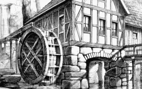Stary młyn wodny z kołem i kamiennym łukiem, idealny do nauki kurs rysunku architektonicznego.