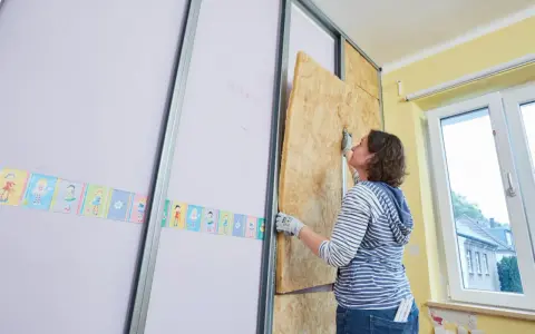 Frau baut eine Trockenbauwand, setzt Dämmmaterial in Metallständer ein.