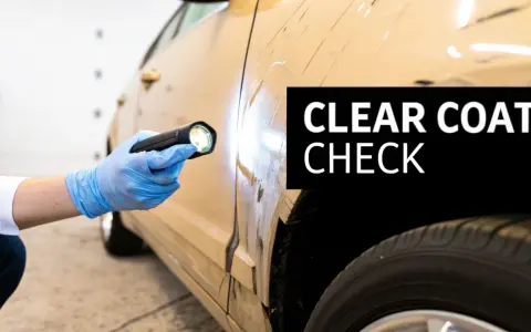 Gloved hand with flashlight inspects car's clear coat for damage, hinting at how to restore clear coat on car.