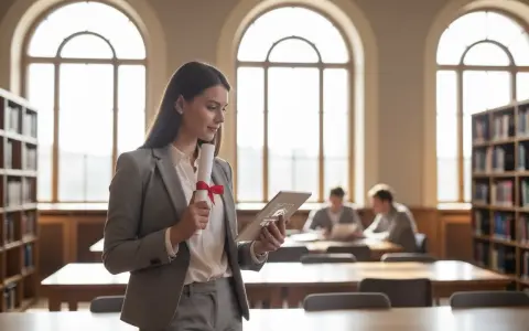 Młoda kobieta z dyplomem w ręku, zastanawia się, czy licencjat to wykształcenie wyższe. W tle biblioteka i studenci.