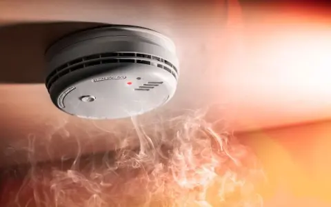 Brandvarnarens dag: en rökdetektor på taket med en röd lampa lyser, omgiven av dramatisk rök och ljus.