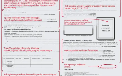 Zdjęcie przedstawia fragment formularza wniosku o wydanie prawa jazdy z zaznaczonymi polami i instrukcjami.