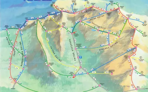 Tatry Słowackie: szlaki dla średnio zaawansowanych w Dolinie Rohackiej. Mapa turystyczna z zaznaczonymi trasami i czasami przejść.