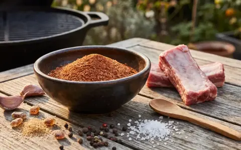 Zutaten für ein köstliches BBQ Rub Rezept: Rippchen, Gewürzmischung in einer Schale, Knoblauch, Zucker, Salz und Pfefferkörner auf einem Holztisch.