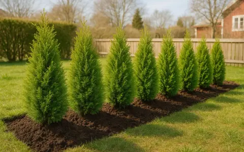 Raka rader av nyplanterade thuja-träd i en solig trädgård. De mörkgröna träden står i mörk jord med gräs runt omkring.