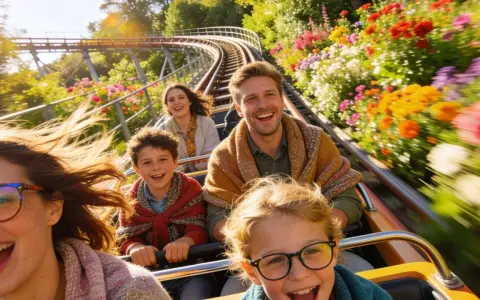 Familie lacht auf Achterbahnfahrt durch blühende Blumenpracht – ein Erlebnis im neuen Freizeitpark Deutschland.