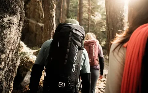 Trois randonneurs avancent dans une forêt ensoleillée, chacun portant un sac à dos Ortovox. Le sac de randonnée noir du premier plan est prêt pour le prochain lavage.