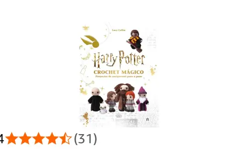 Libro "Harry Potter Crochet Mágico" con amigurumis de personajes como Hagrid, Harry y Dumbledore.