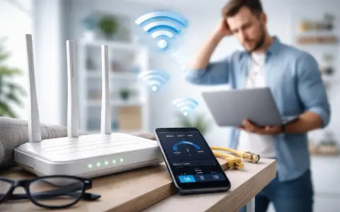 Router, smartphone con app di velocità Wi-Fi e uomo preoccupato. Soluzioni per come amplificare segnale Wi-Fi fai da te.