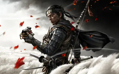 Samuraj z gry Ghost of Tsushima trzyma maskę, otoczony przez spadające liście i wysokie trawy.