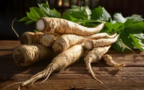 Frische Petersilienwurzeln auf Holz. Ist Meerrettich gesund? Ja, diese Wurzeln sind voller Vitamine und gut für dich!