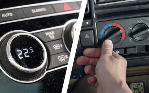 Panel de control de un coche mostrando la diferencia entre climatizador y aire acondicionado. Uno muestra 22.5°C, el otro una mano ajustando la temperatura.