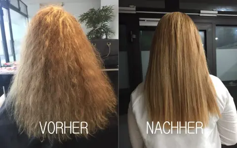 Vorher: krauses, trockenes Haar. Nachher: glattes, gesund aussehendes Haar dank Keratin-Glättung.