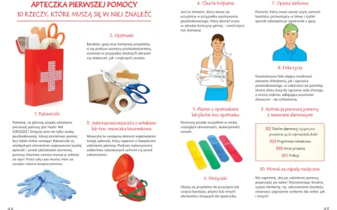 Apteczka pierwszej pomocy dla dzieci: rękawiczki, bandaże, maseczka, chusta trójkątna, plastry, nożyczki, folia życia, instrukcja.