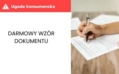 Darmowy wzór dokumentu ugody konsumenckiej. Ręka pisze piórem na papierze, przygotowując się do podpisania ugody.
