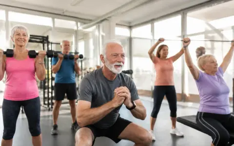 Groupe de seniors pratiquant le renforcement musculaire en salle de sport, avec haltères et élastiques.