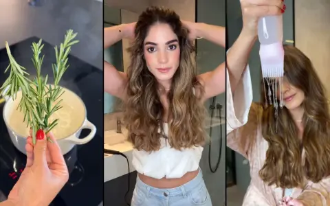 Preparando agua de romero para el pelo. Una mujer se aplica el tónico capilar con un aplicador especial.