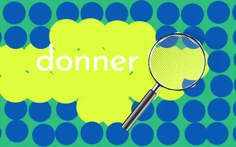 Loupe sur le mot "donner", cherchant un synonyme. Fond vert avec des ronds bleus et un nuage jaune.
