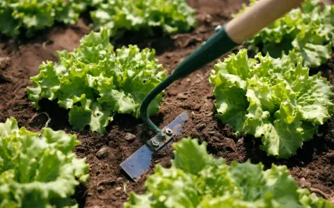 A hoe, one of the essential garden implements, is used to tend to rows of fresh green lettuce growing in dark soil.