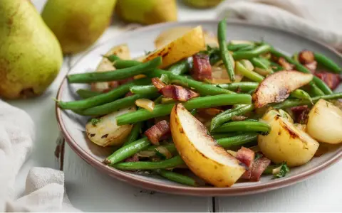 Ein Teller mit grünen Bohnen, Kartoffelspalten und knusprigem Speck. Dazu passen Birnen.