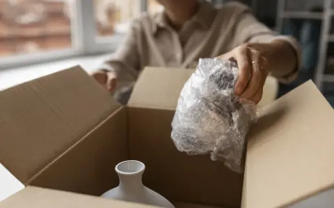 Otwieranie paczki od Hermes Niemcy. Delikatna waza w folii bąbelkowej czeka na wyjęcie z kartonu.