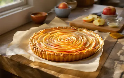 Délicieuse tarte aux pommes en spirale sur une pâte feuilletée dorée, prête à être dégustée.