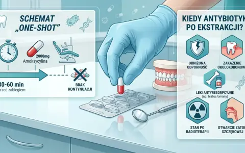 Schemat "one-shot" antybiotyk na zęby: amoksycylina 2000mg 30-60 min przed zabiegiem. Kiedy antybiotyk po ekstrakcji?