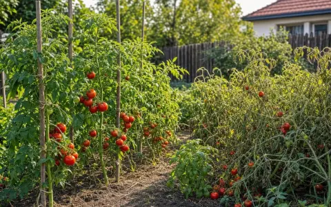 Un potager ensoleillé avec des plants de tomates bien espacés, chargés de fruits rouges. L'espacement pied de tomate permet une belle récolte.