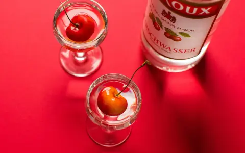 Zwei Gläser mit Kirschen und eine Flasche Kirschwasser auf rotem Hintergrund. Was ist Cherry? Ein süßer Genuss.