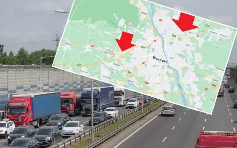 S8 odcinek pomiaru prędkości. Korki na trasie do Warszawy i jej okolic, zaznaczone na mapie.
