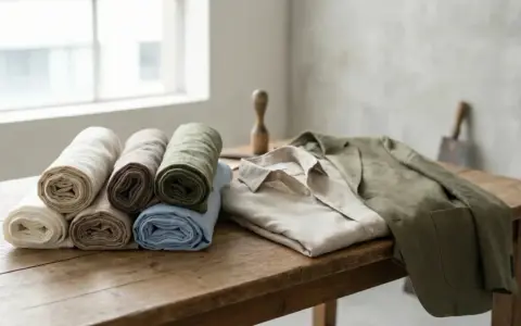 Rolled linen fabrics in natural tones and a linen shirt and jacket, showcasing the beautiful linen source.