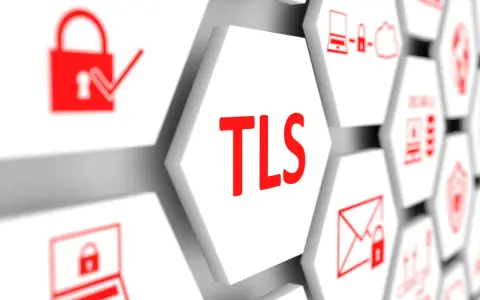 Hexagonal tiles display security icons and the text "TLS". This visual represents a TLS update, ensuring secure connections.