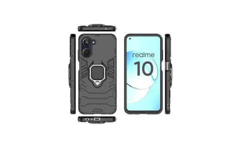 Czarny, pancerny case z pierścieniem na palec do telefonu realme 10, pokazany z różnych stron.