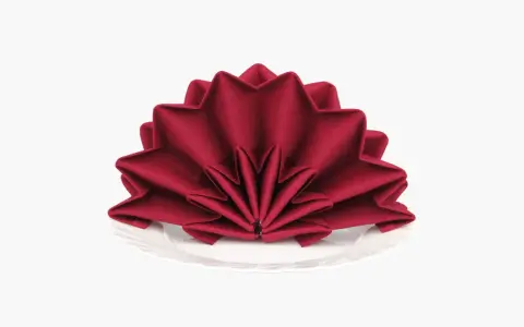 Une serviette rouge bordeaux pliée en éventail sur une assiette blanche. Un pliage serviette simple et beau pour une table élégante.