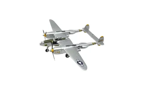 Silbernes P-38 Lightning RC-Modellflugzeug mit gelben Propellern und Markierungen.