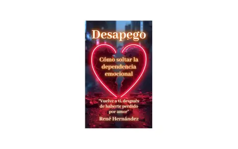 Portada de libro "Desapego: Cómo soltar la dependencia emocional". Un corazón roto iluminado por neón simboliza el camino hacia el desapego emocional.