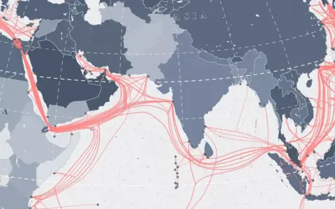 Map showing the global internet as a network infrastructure, with glowing pink lines representing undersea cables connecting continents across Africa, Asia, and the Middle East.