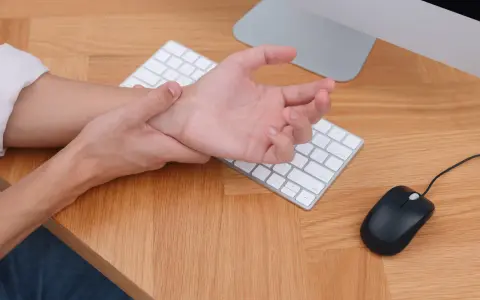 Main tenant une main sur son poignet, peut-être à cause d'une maladie du canal carpien, devant un clavier et une souris.