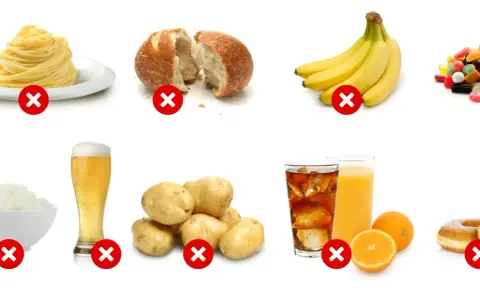 Undvik dessa livsmedel vid ketosdiet: pasta, bröd, bananer, godis, ris, öl, potatis, läsk, juice, apelsiner och munkar.