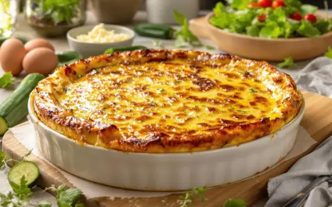 Un délicieux flan de courgettes doré et gratiné, prêt à être dégusté. Des courgettes fraîches, des œufs et du fromage composent ce plat savoureux.